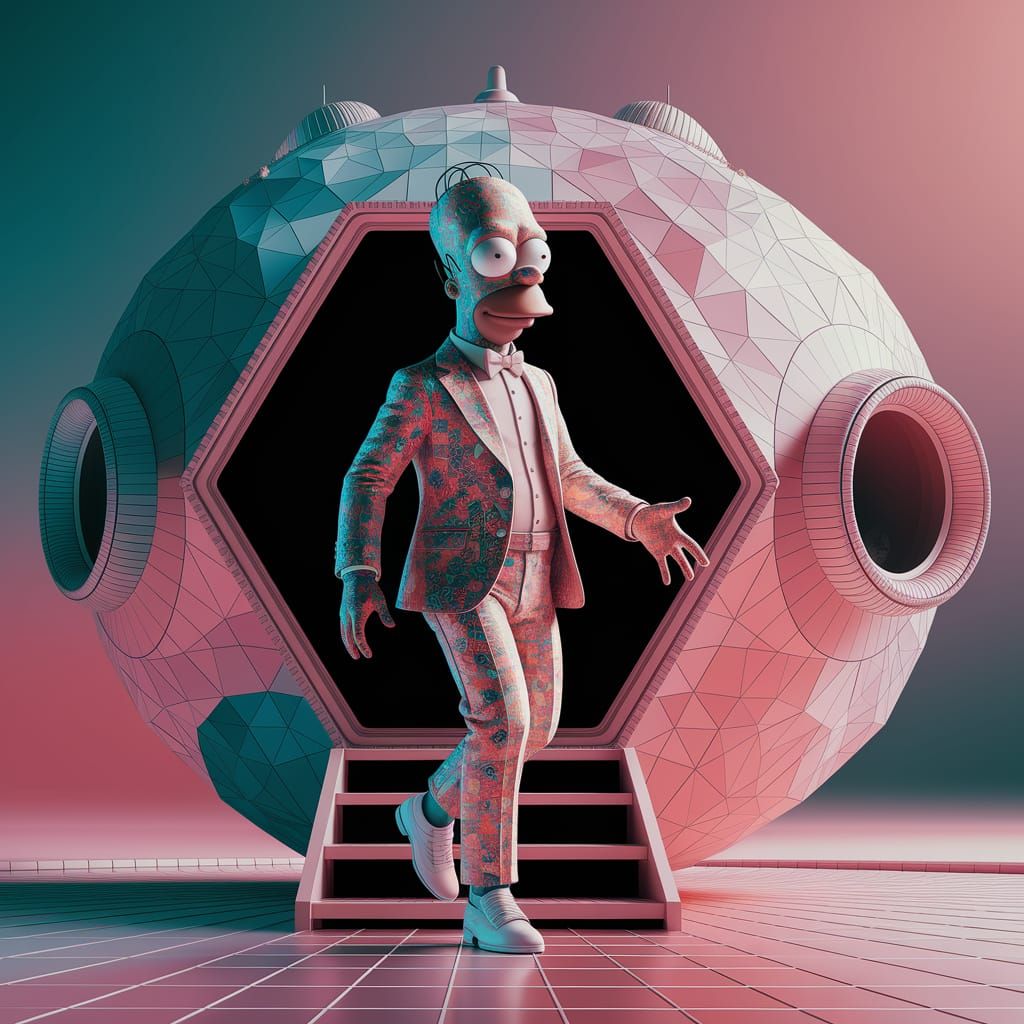 Elegant Alien Homer Simpson in Pastel Mosaic Style