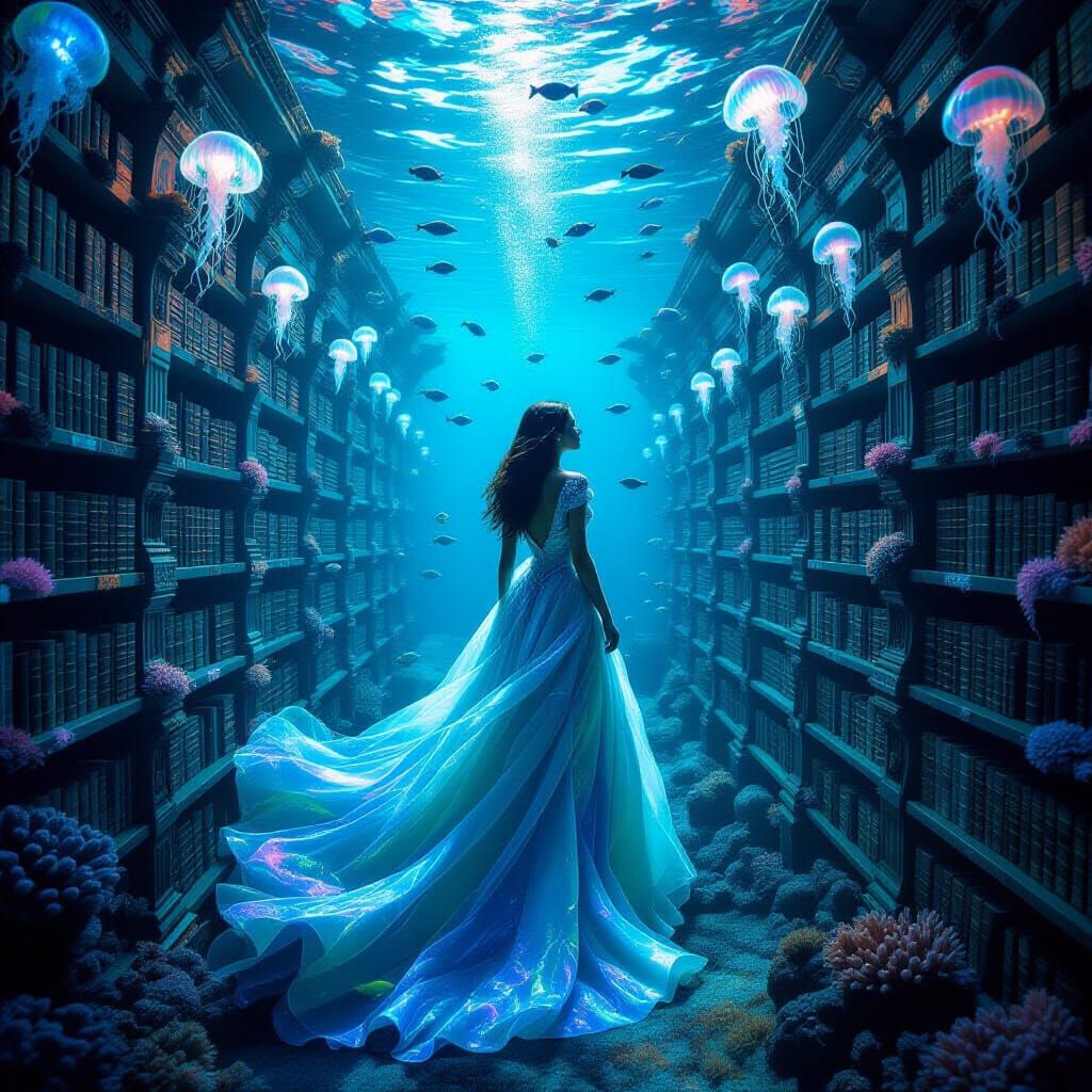Underwater Library: Hyperrealistic Bioluminescent Scene