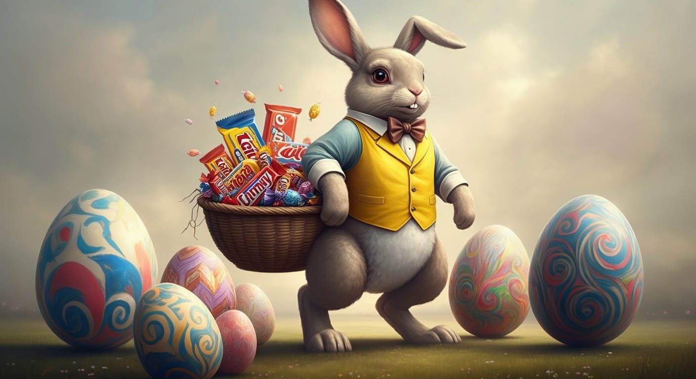 Gigantic Easter Bunny with Vibrant Ostrich Eggs and Candy Ba...