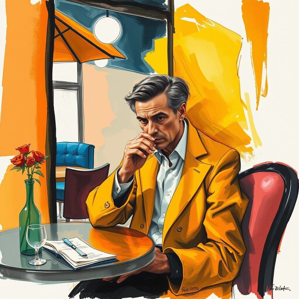 Amorphous Poet in Cafe, Abstract Impressionistic Art