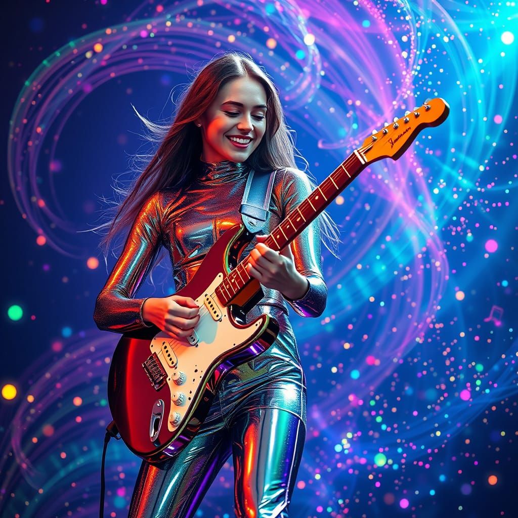 Sci-Fi Guitarist Plays Fender Stratocaster in Swirling Color...