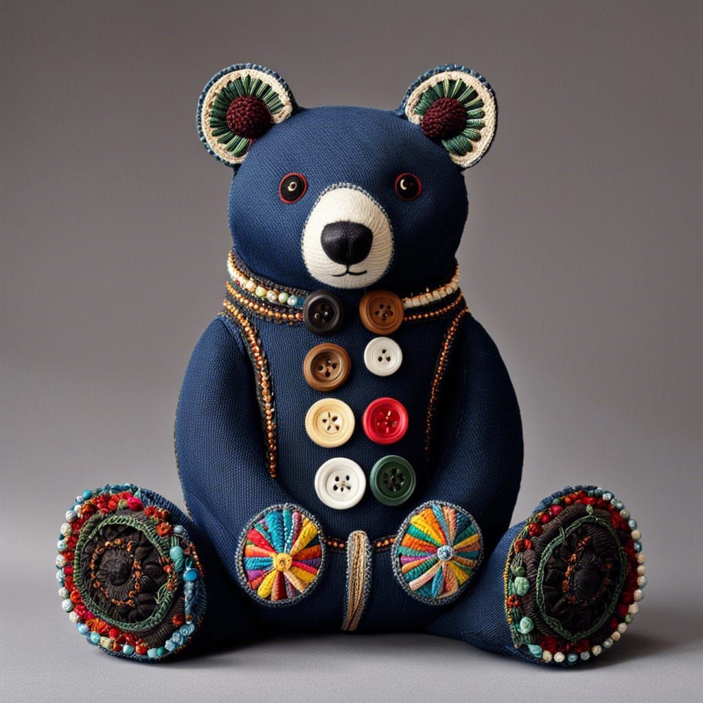 Denim Bear with Embroidery: Recycled Art Masterpiece