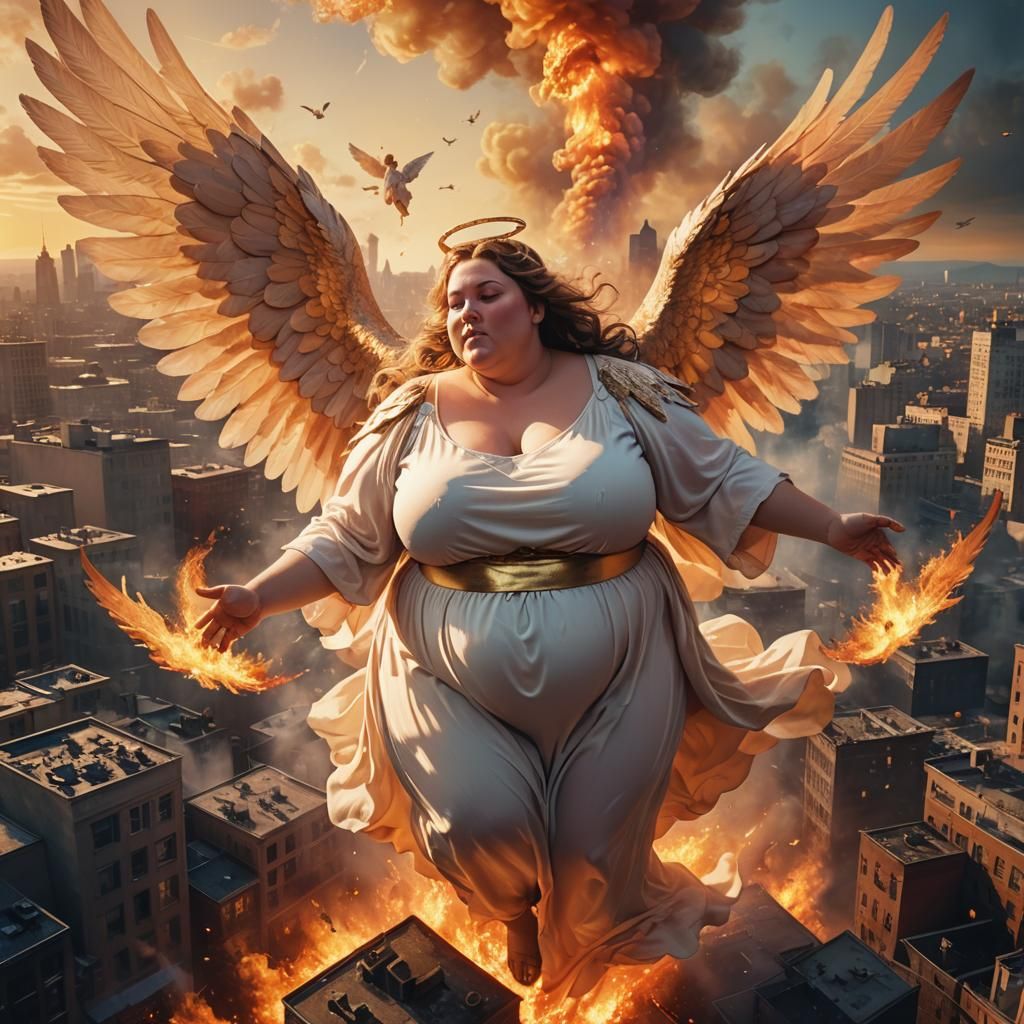 Angelic Figure Ascends Above Burning City, Digital Art
