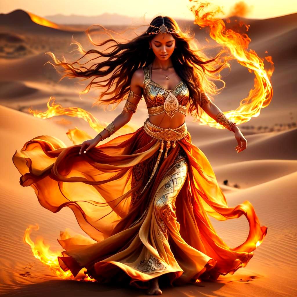 Ancient Silk Dancer in Golden Desert Fire