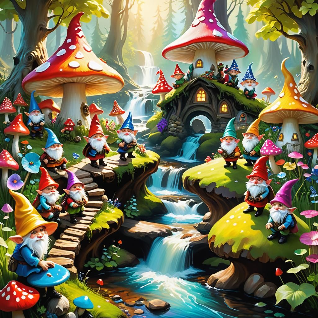 Gnomes and Elves in Toadstool Town: Whimsical Oil Painting