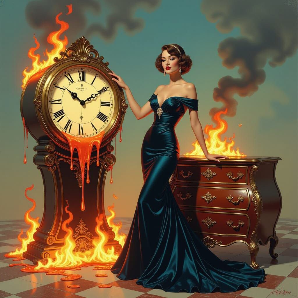 Art Deco Lady Amidst Surreal Flames