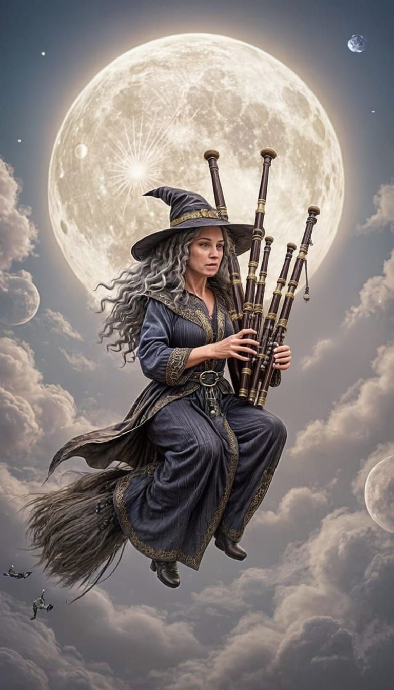 Medieval Witch Flies on Broom with Cat and Bagpipes Under Fu...