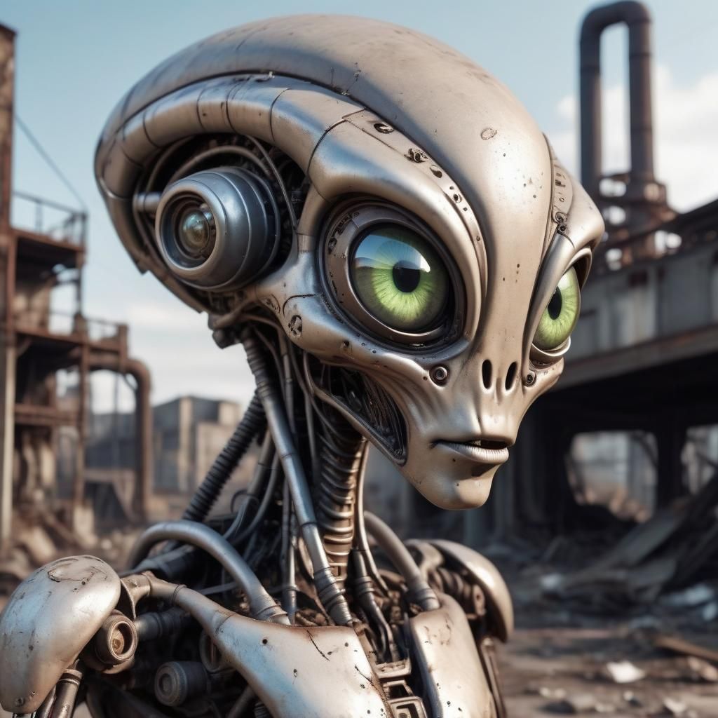 Cartoon Alien Robot in Dystopian Wasteland