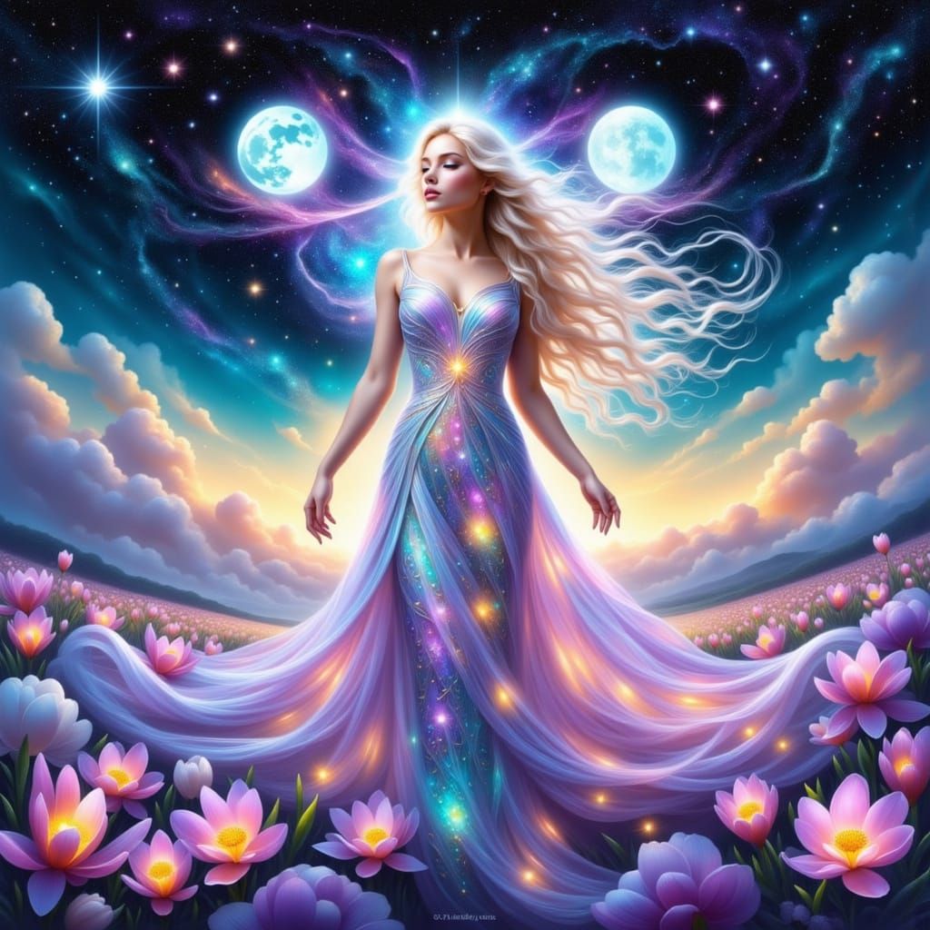 Celestial Queen Vesna in Iridescent Flower Field