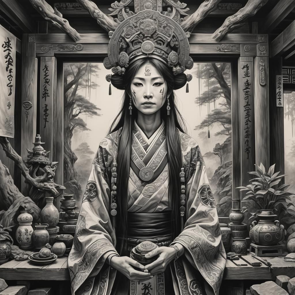 Greyscale Shinto Priestess Shaman Charcoal Drawing