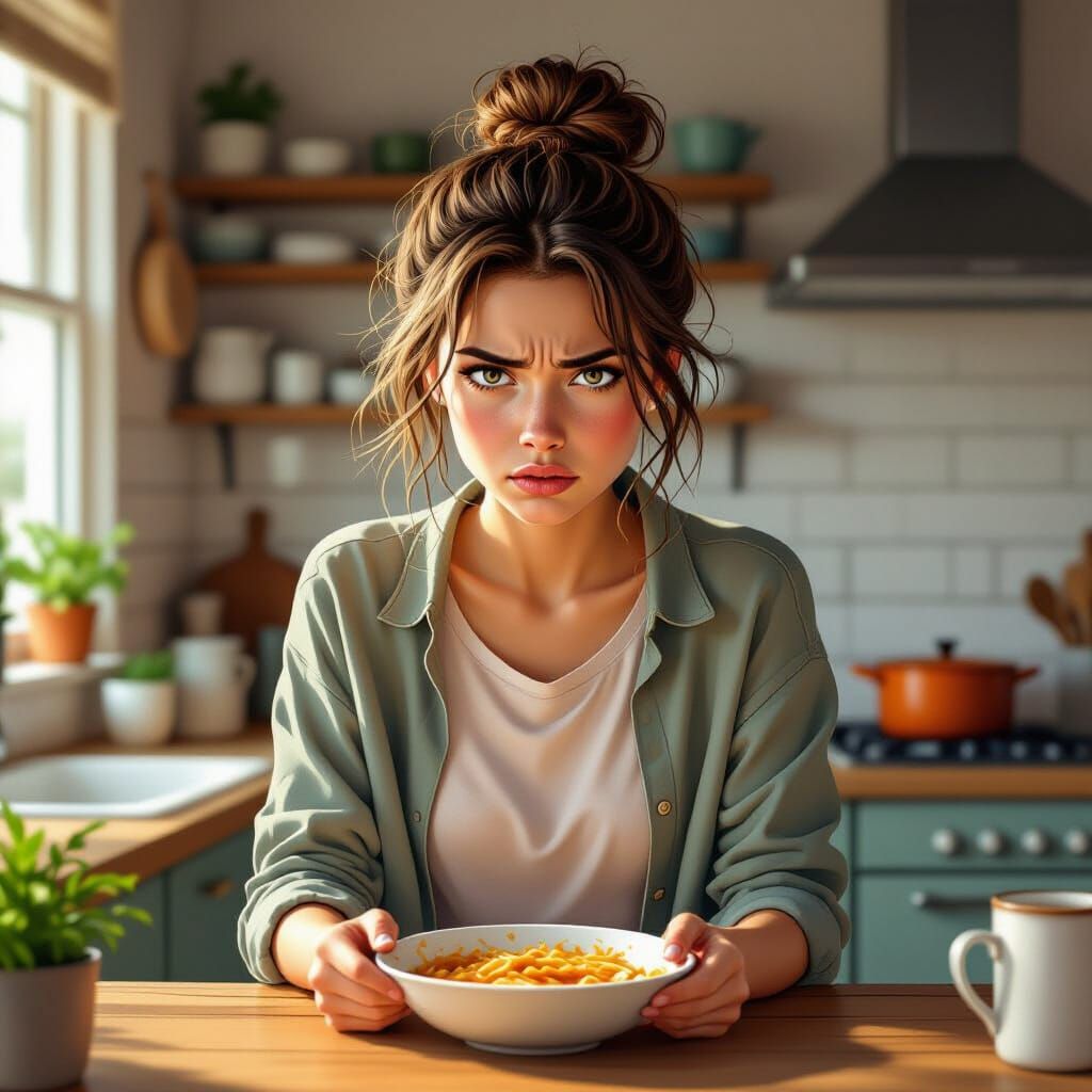 Frustrated Young Adult in Kitchen as Digital Art