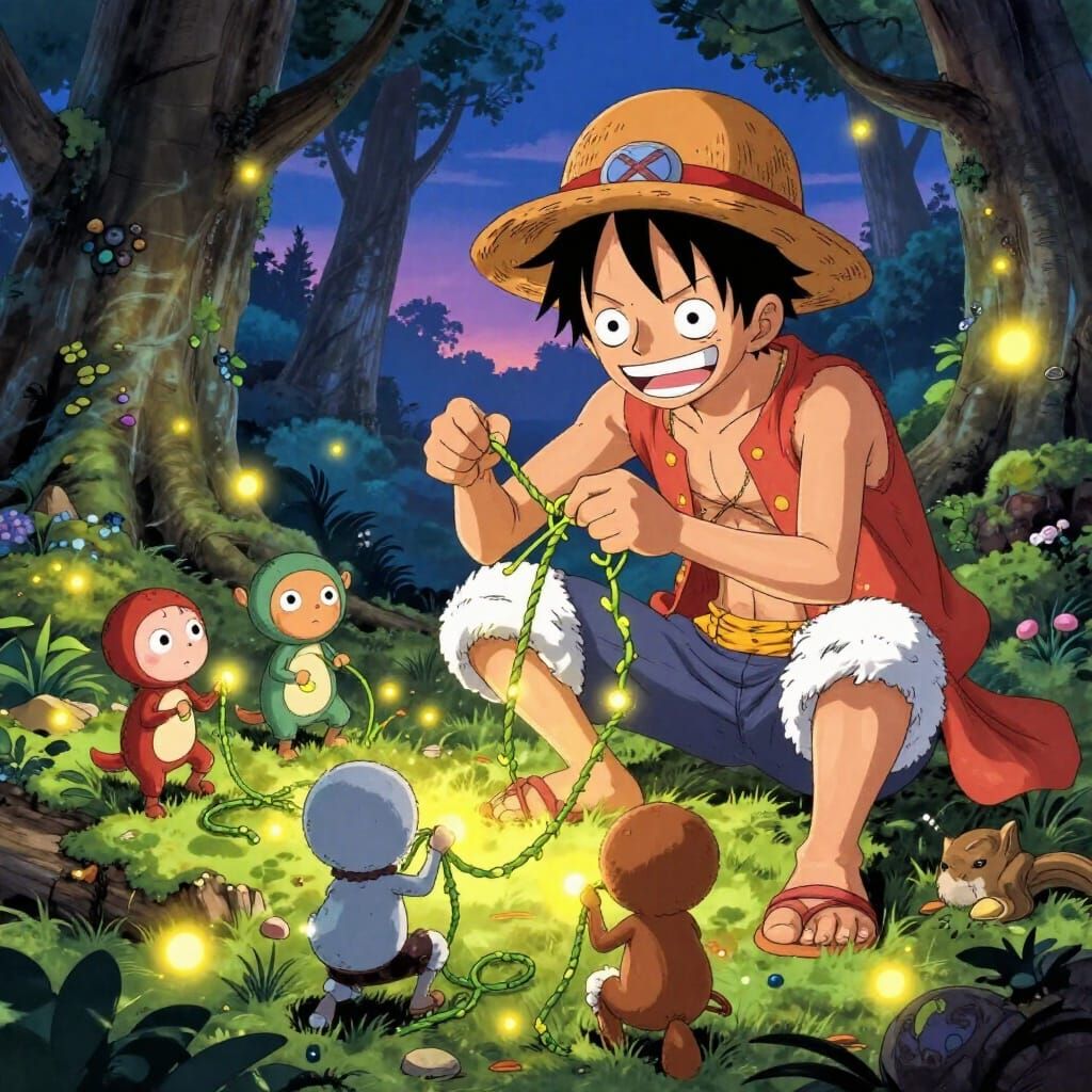 Luffy Teaches Forest Spirits Knot Tying in Twilight Grove