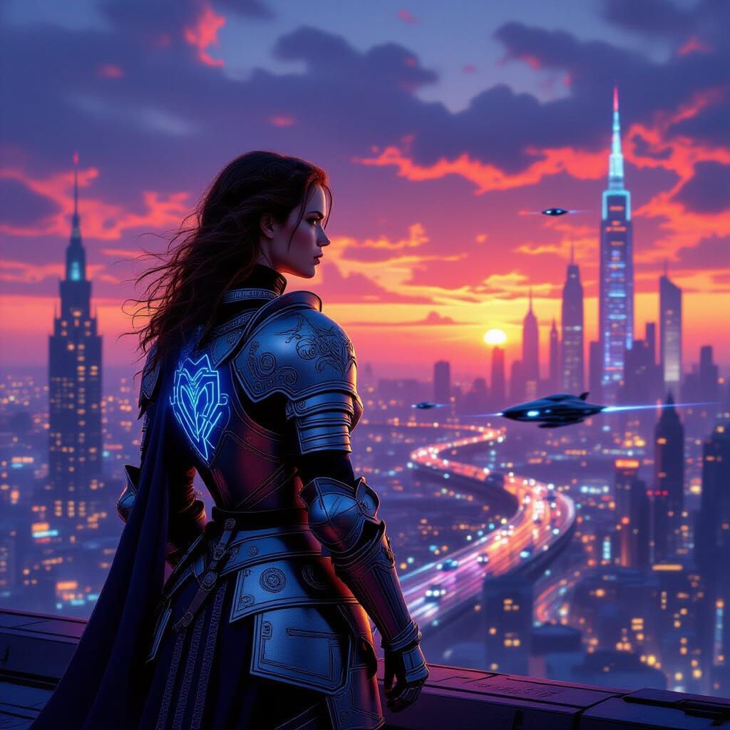 Futuristic Joan of Arc on Cyberpunk Battlefield