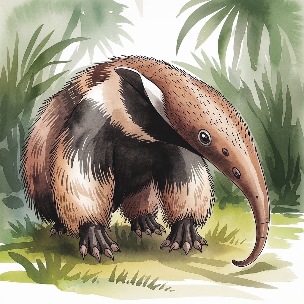Realistic Watercolor Anteater in Lush Jungle Setting