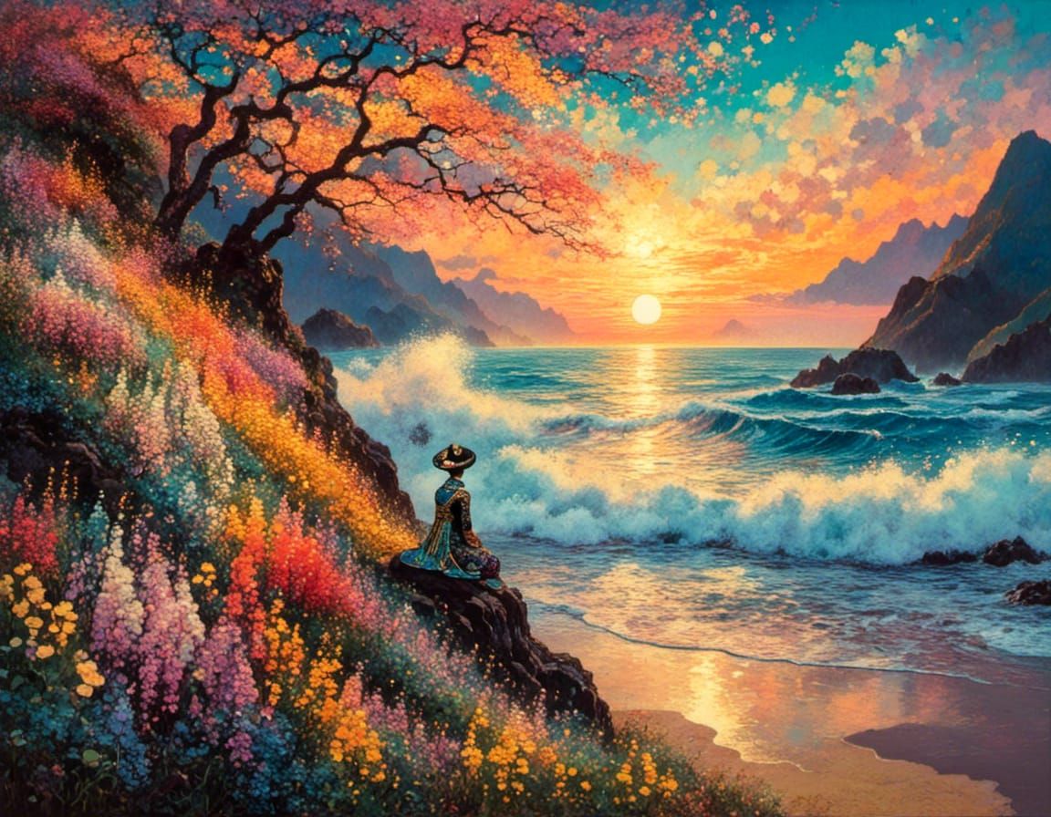 Ukiyo-e Beach Scene with Floral Priest