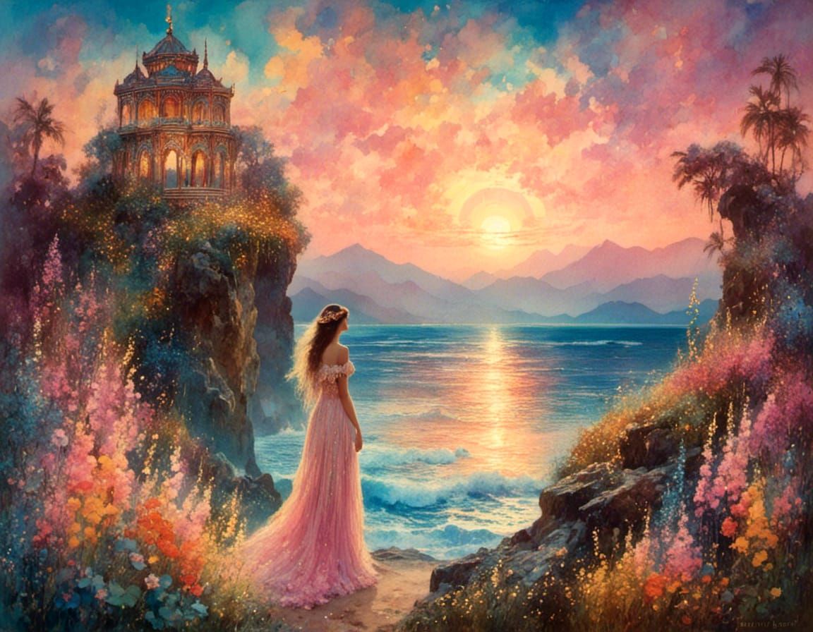 Watercolor Beach Scene with Floral Temple