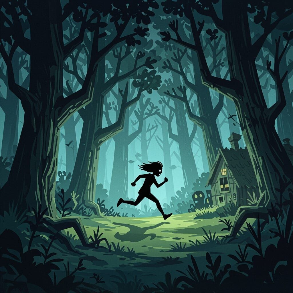 Horror Cartoon Forest Scene With Running Figure