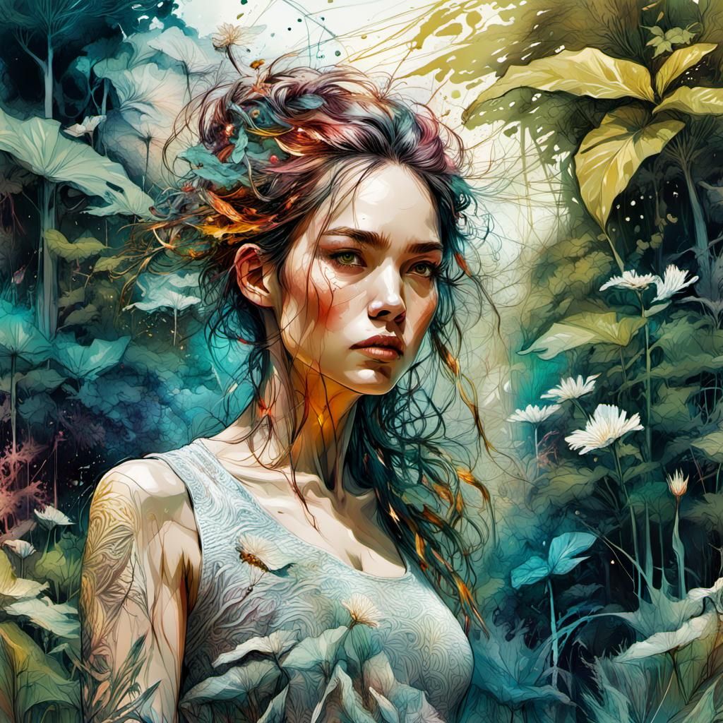 Young Woman in Summer Garden: Digital Illustration