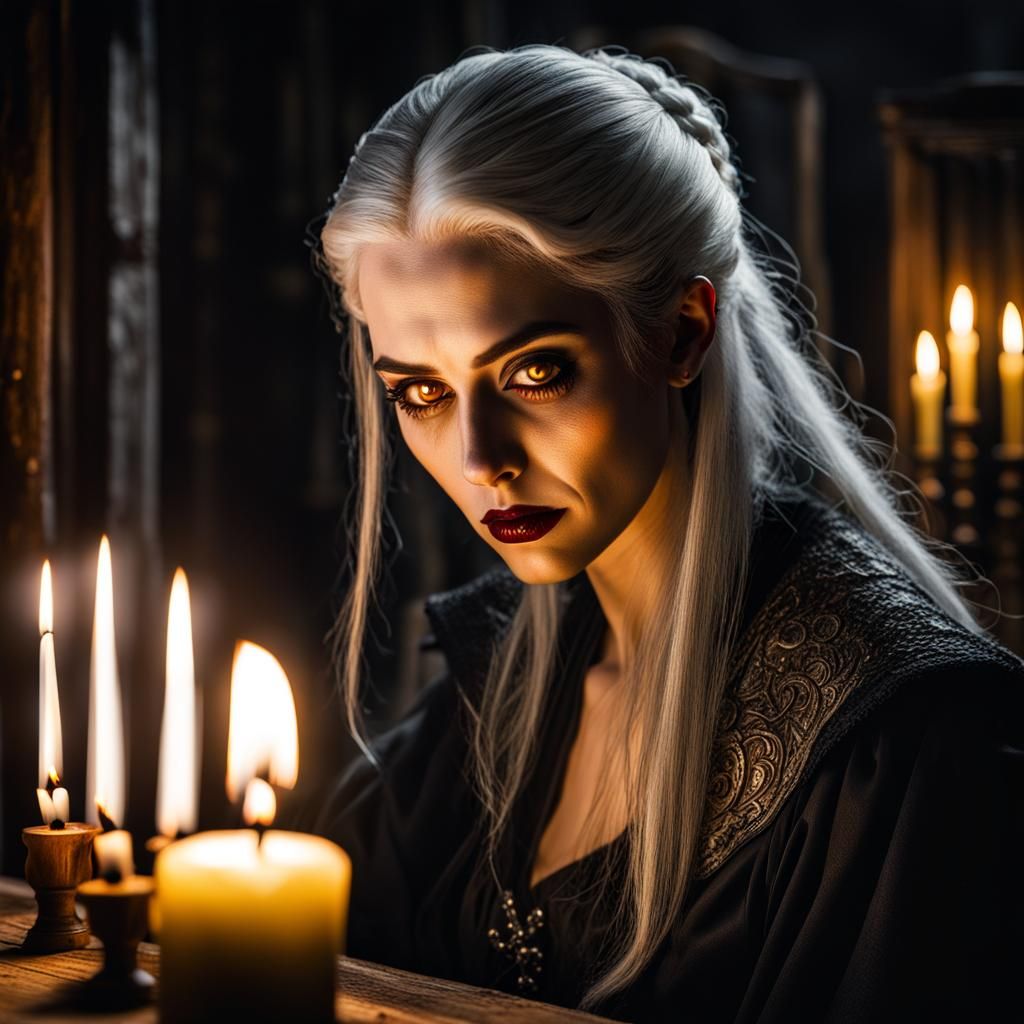 Hyperrealistic Vampire Carving Stake in Candlelight