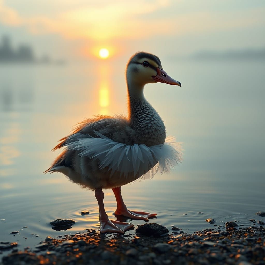 Duckling Ballerina on Misty Lake, Ultra-Realistic