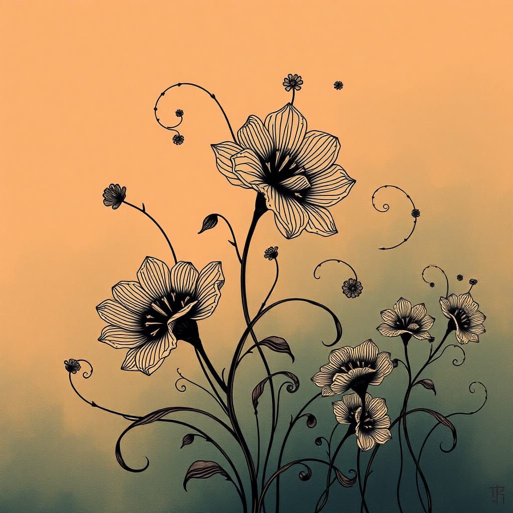 Ink Floral Art in Fine Lines
