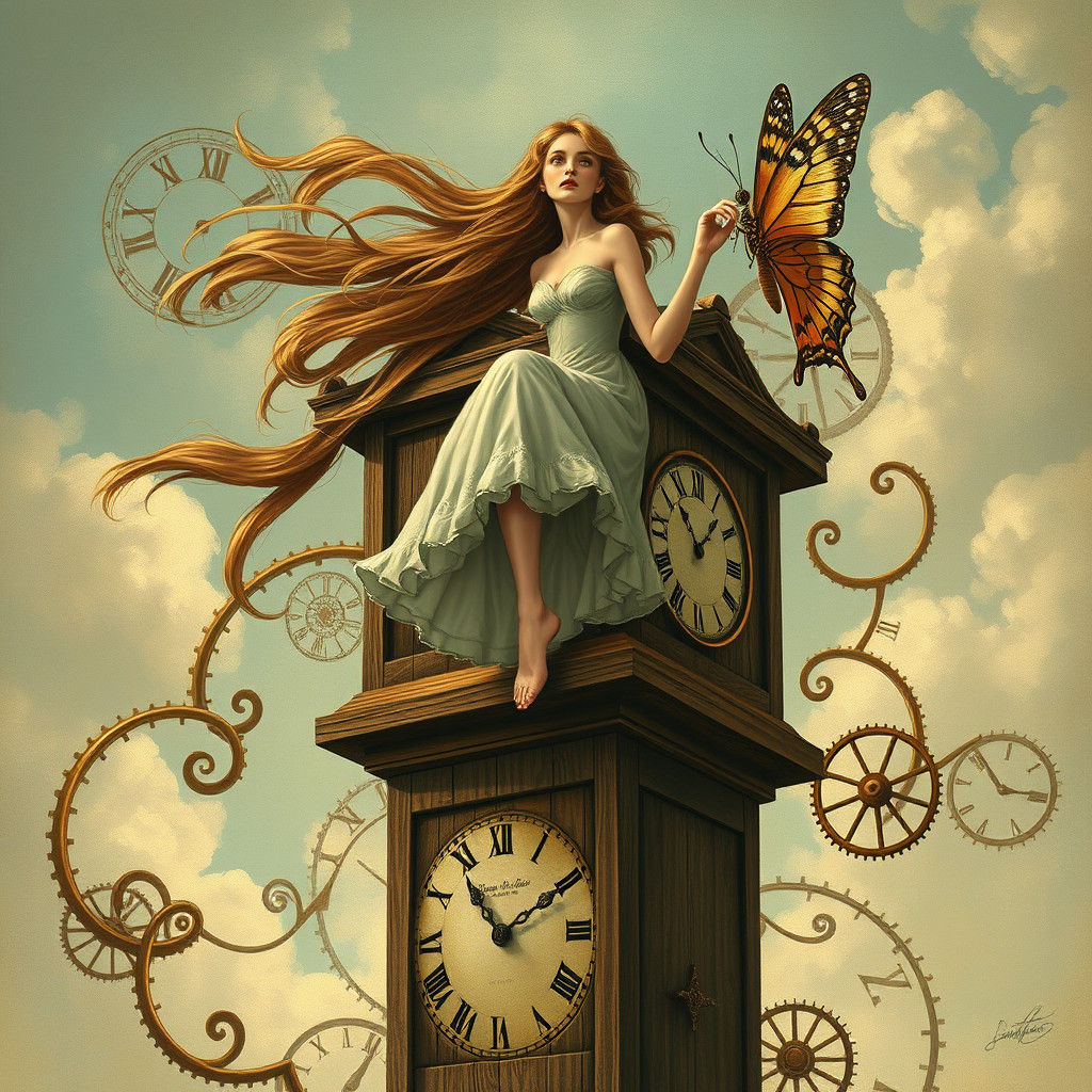 Woman on Clock Tower with Butterfly, Surreal Art