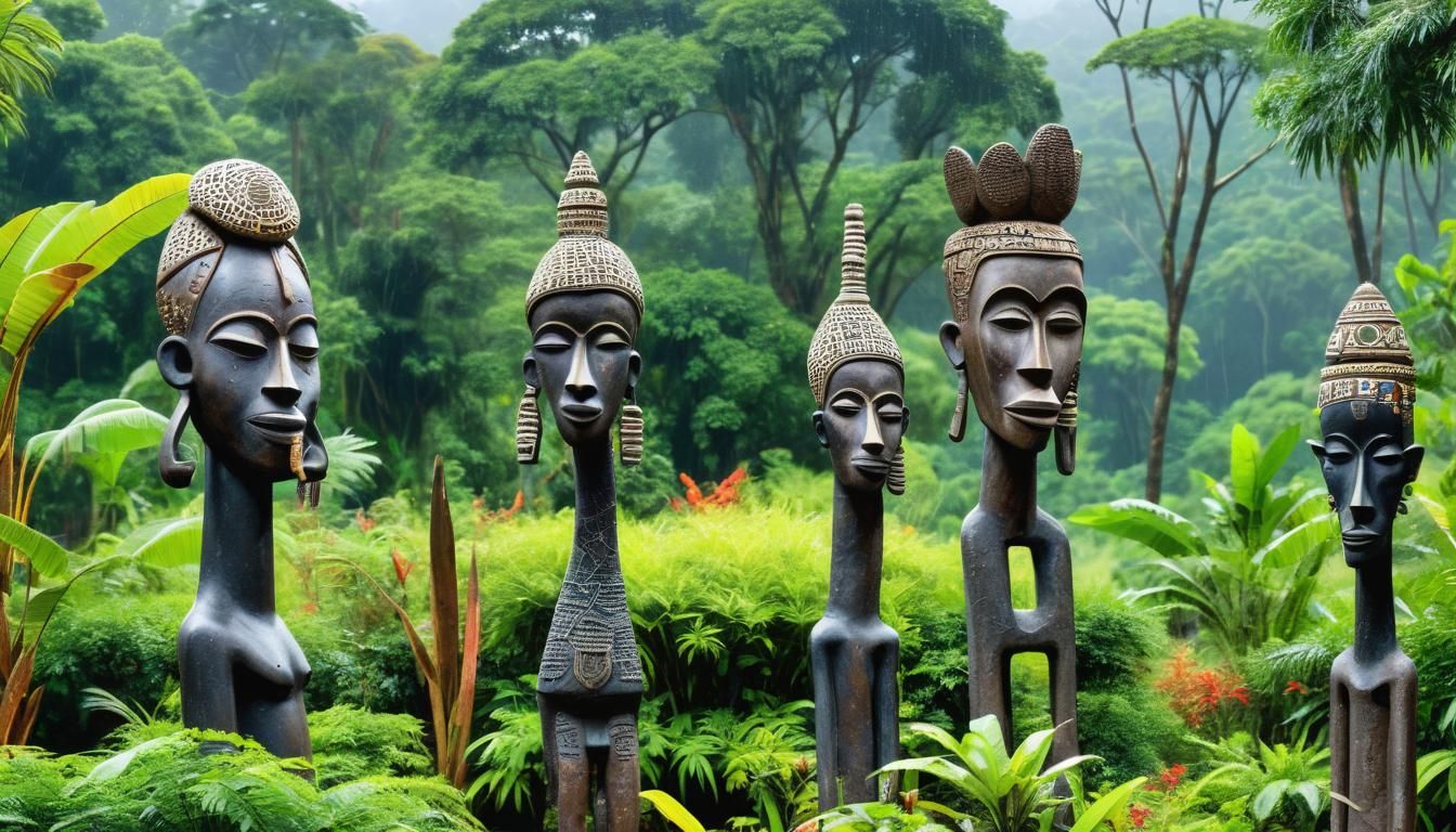 African Sculptures in Lush Rainforest Garden