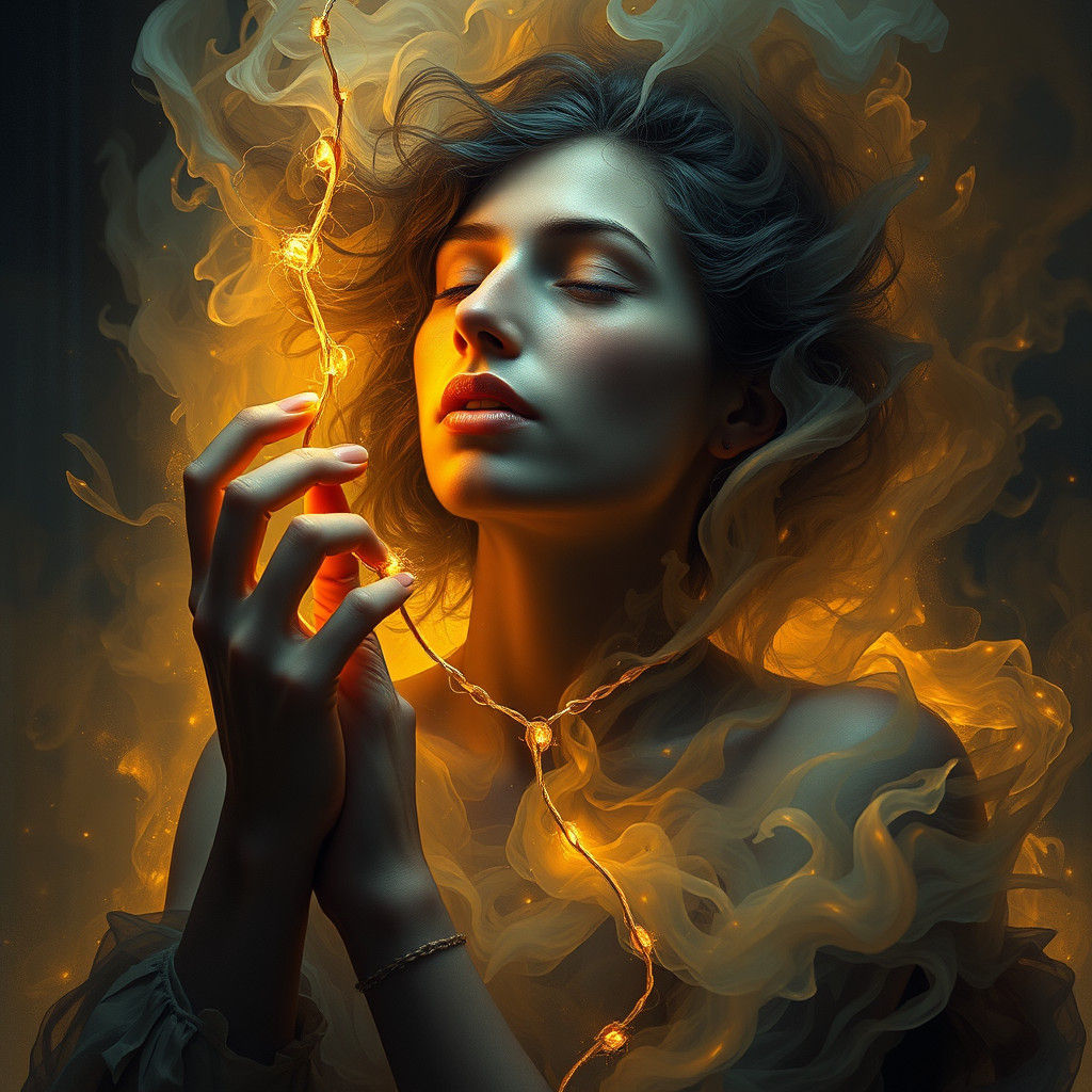 Dreamlike Contemplation: Woman in Swirling Mist