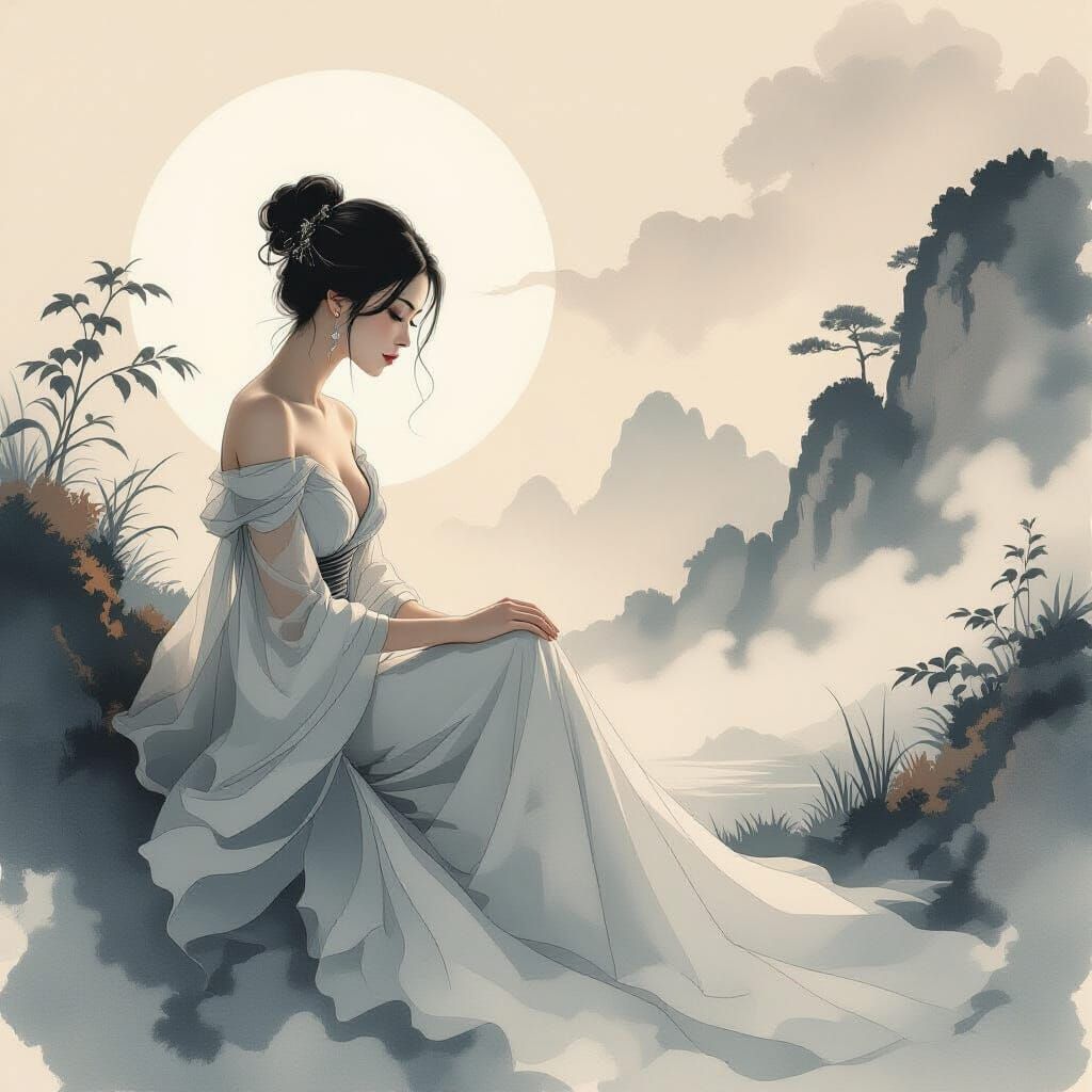 Elegant Woman Contemplates Surreal Dreamscape