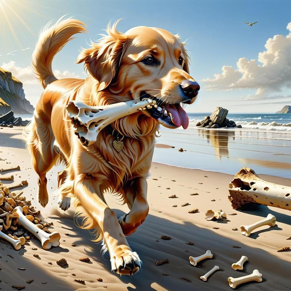 Golden Retriever Running on Seashore Illustration
