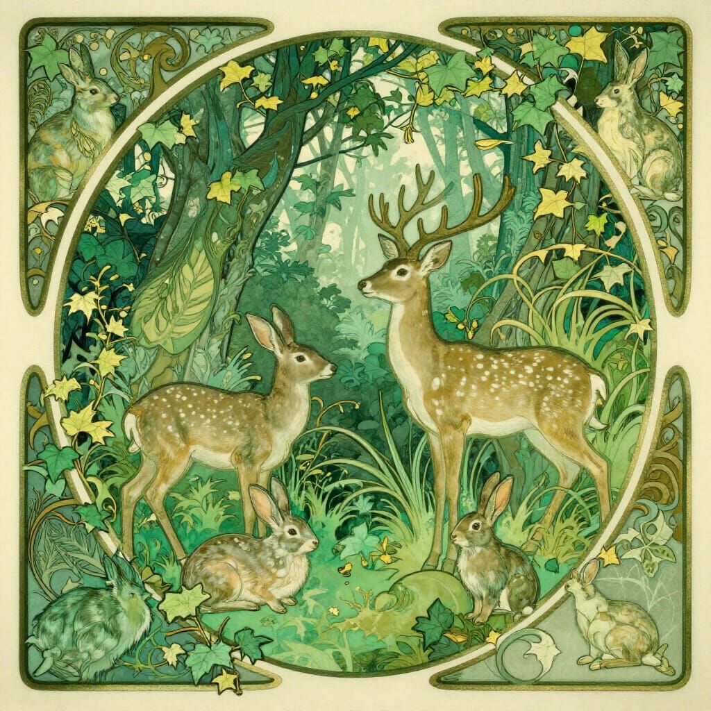 Art Nouveau Woodland Critters in Emerald Greens