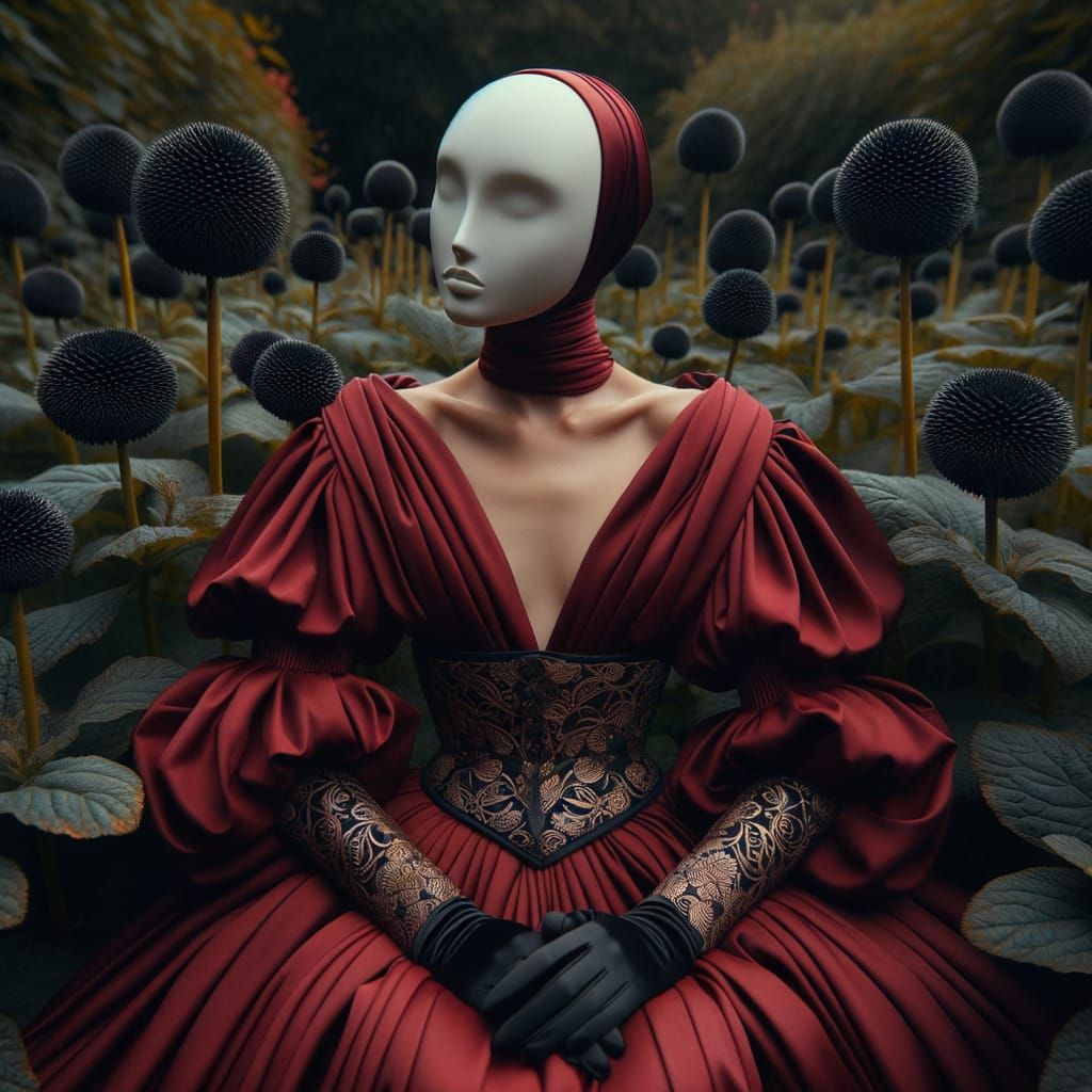 Elegant Woman in Black Garden with Gold Filigree Sash