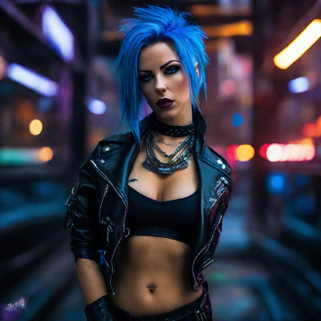 Cyberpunk Woman Decking into Mainframe in Urban Hellscape