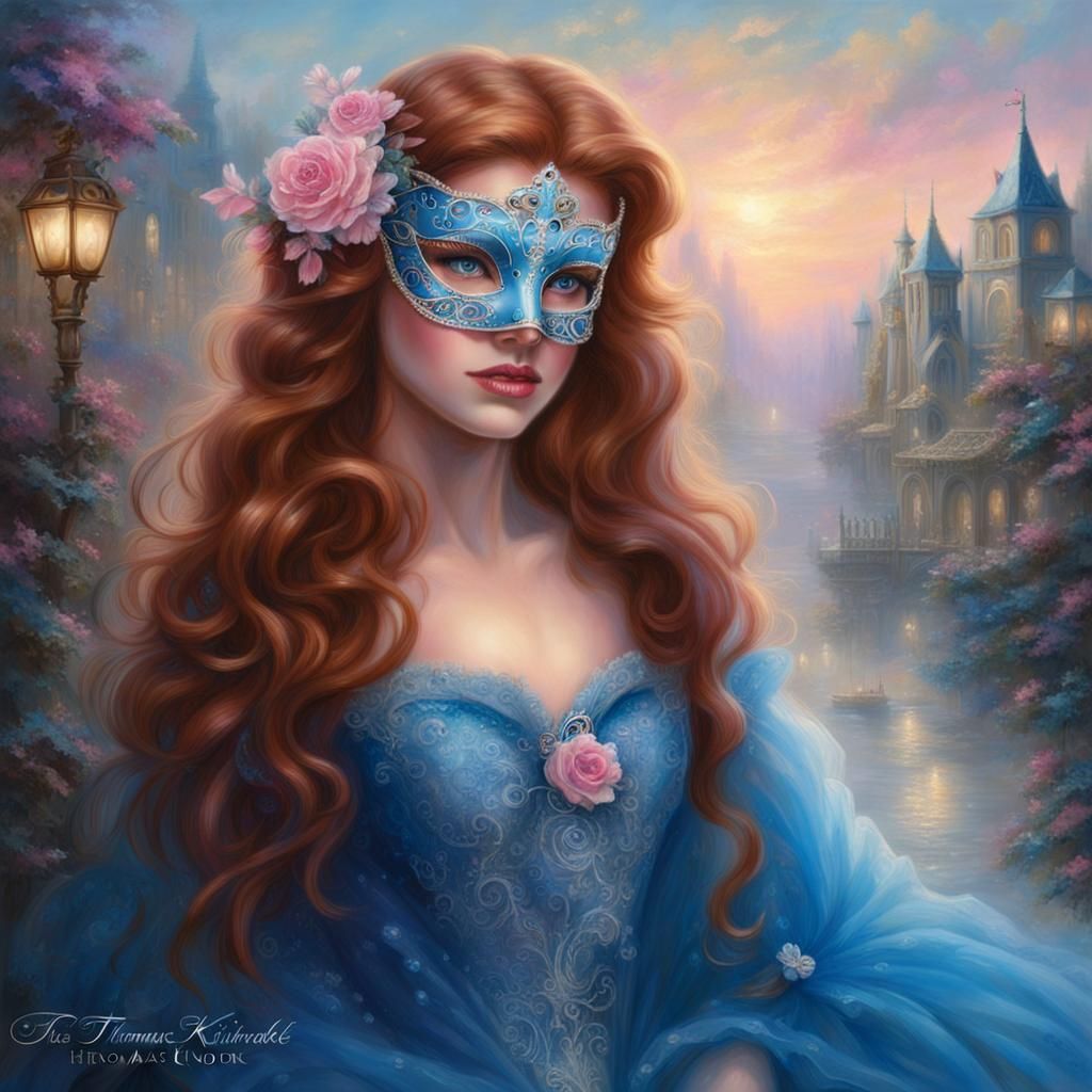 Auburn Haired Woman in Blue Masquerade Mask