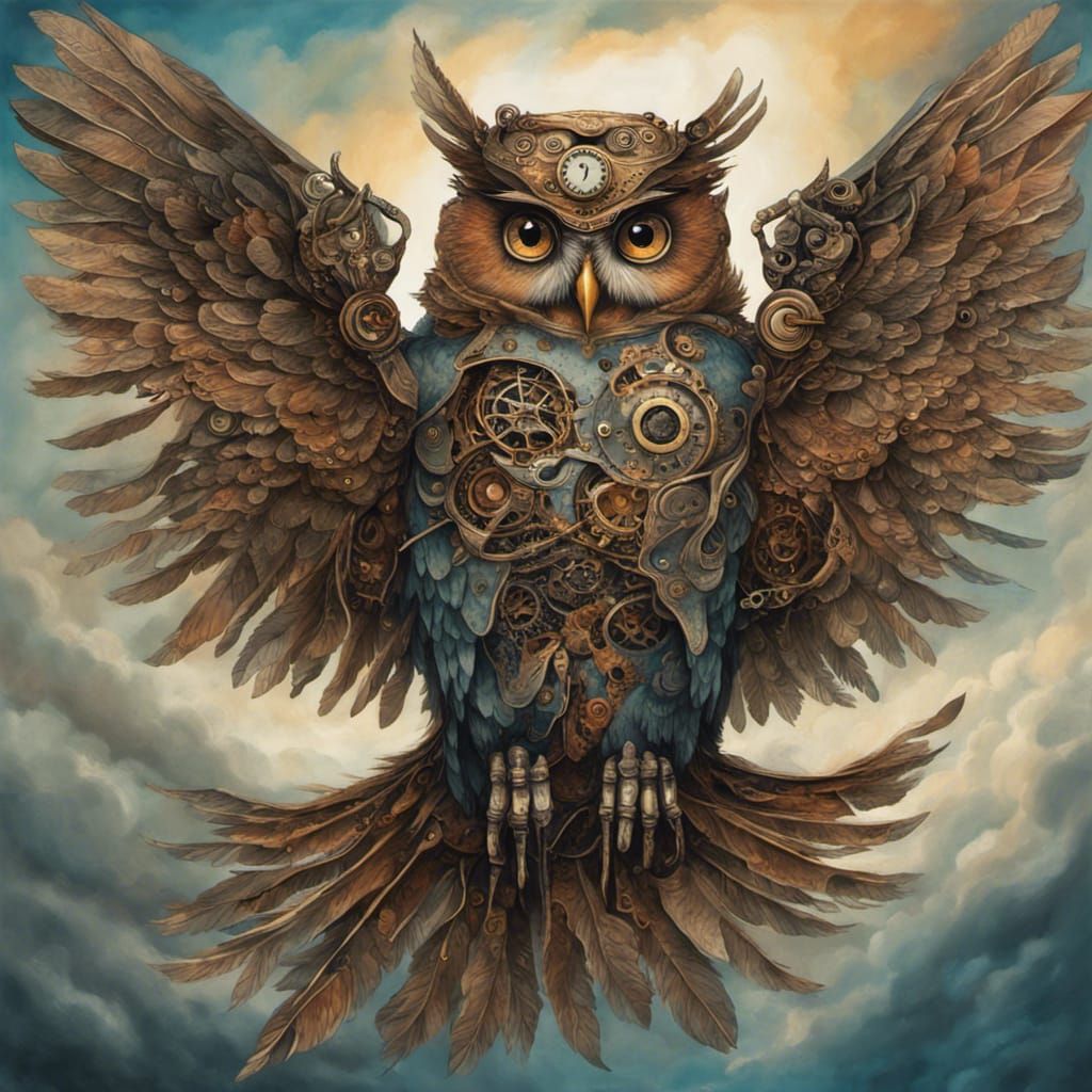 Steampunk Owl Flying Machine in Abstract Style