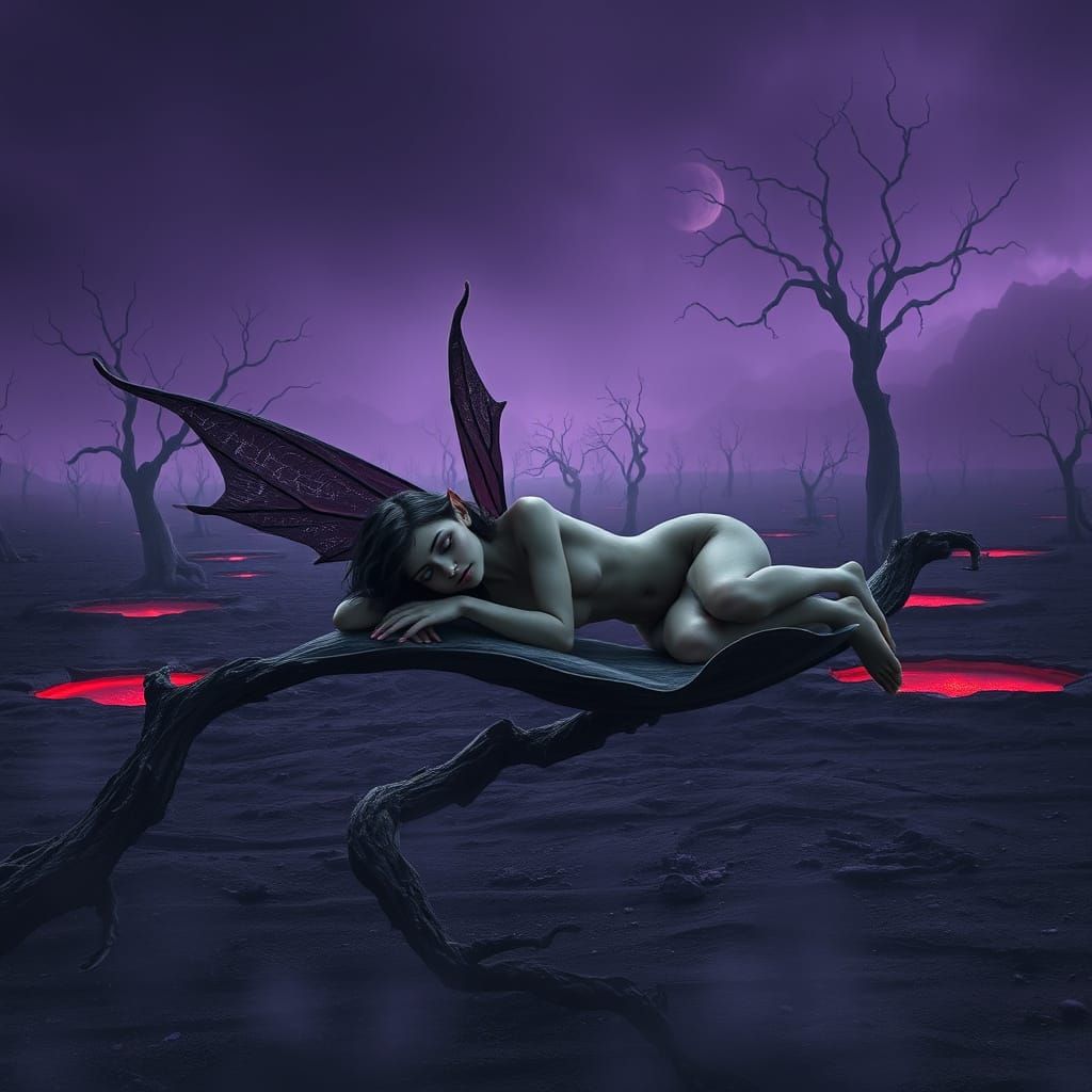 Mournful Dark Fairy in a Barren, Desolate Landscape
