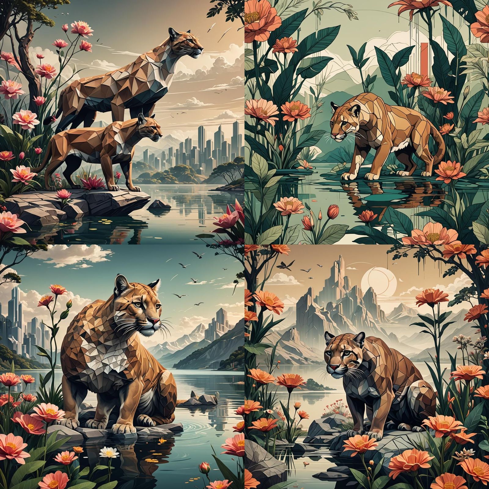 Geometric Sketch of Puma and Passion Flower