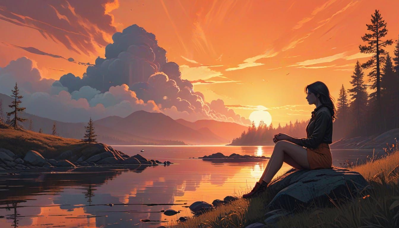 Girl in Sunset Silhouette, Inspired by Digital Art