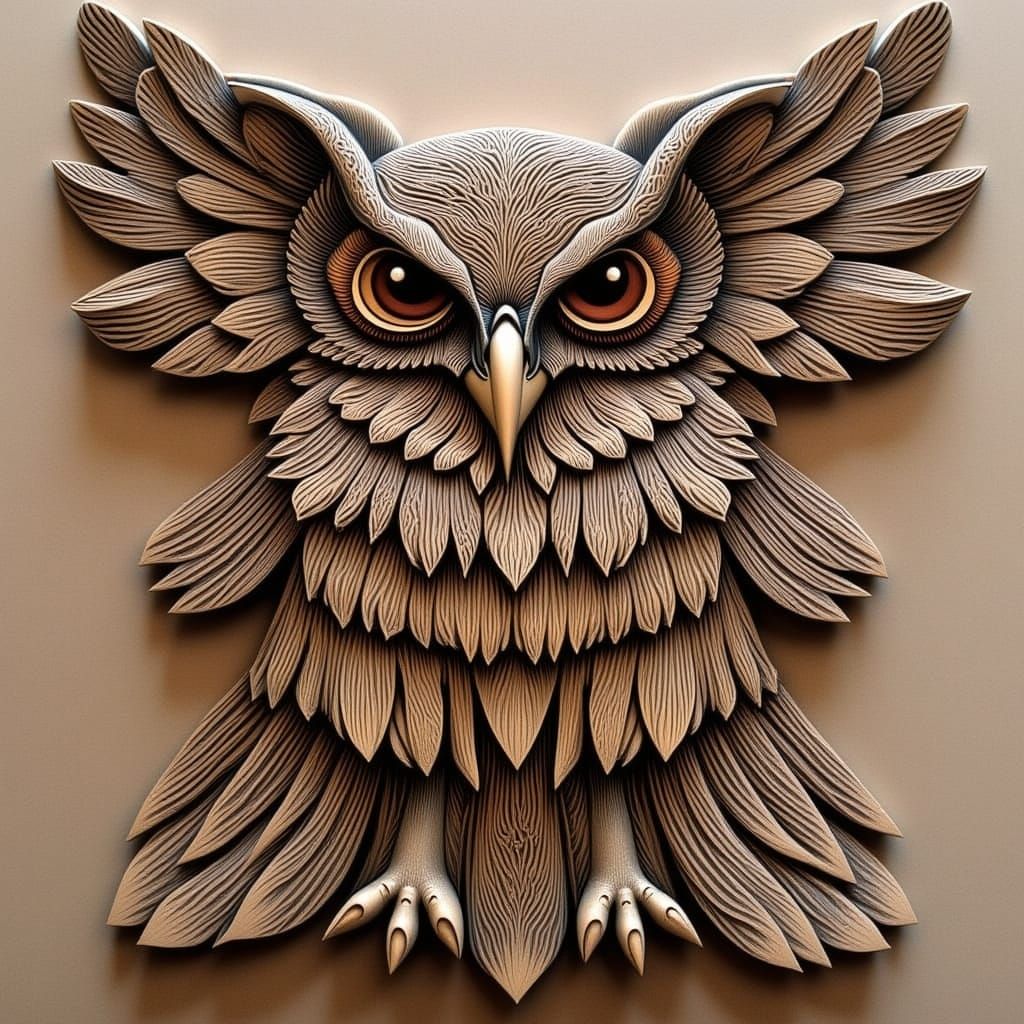 Intricately Carved Wooden Owl Sculpture