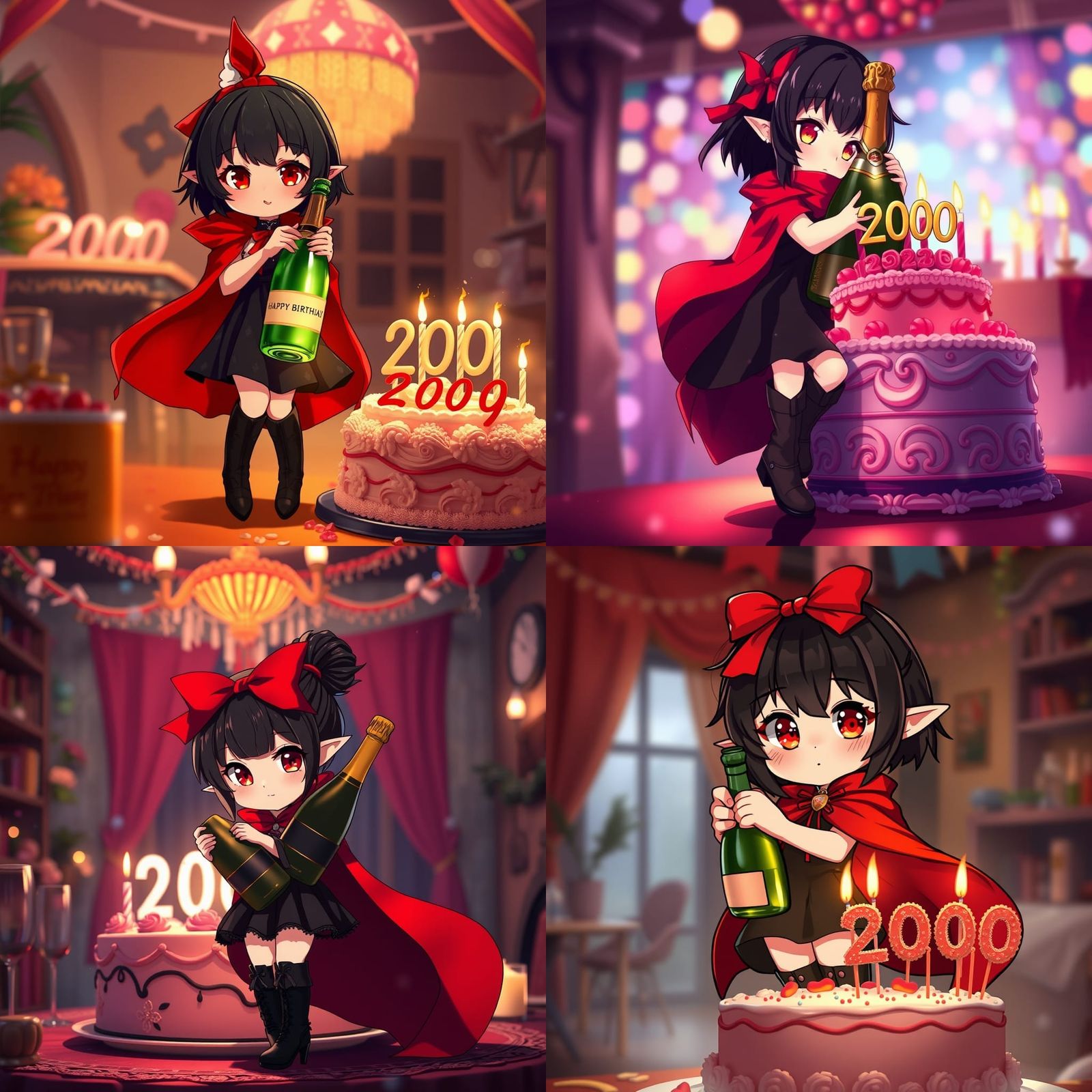 Anime Girl Hugging Champagne Bottle in Chibi Style