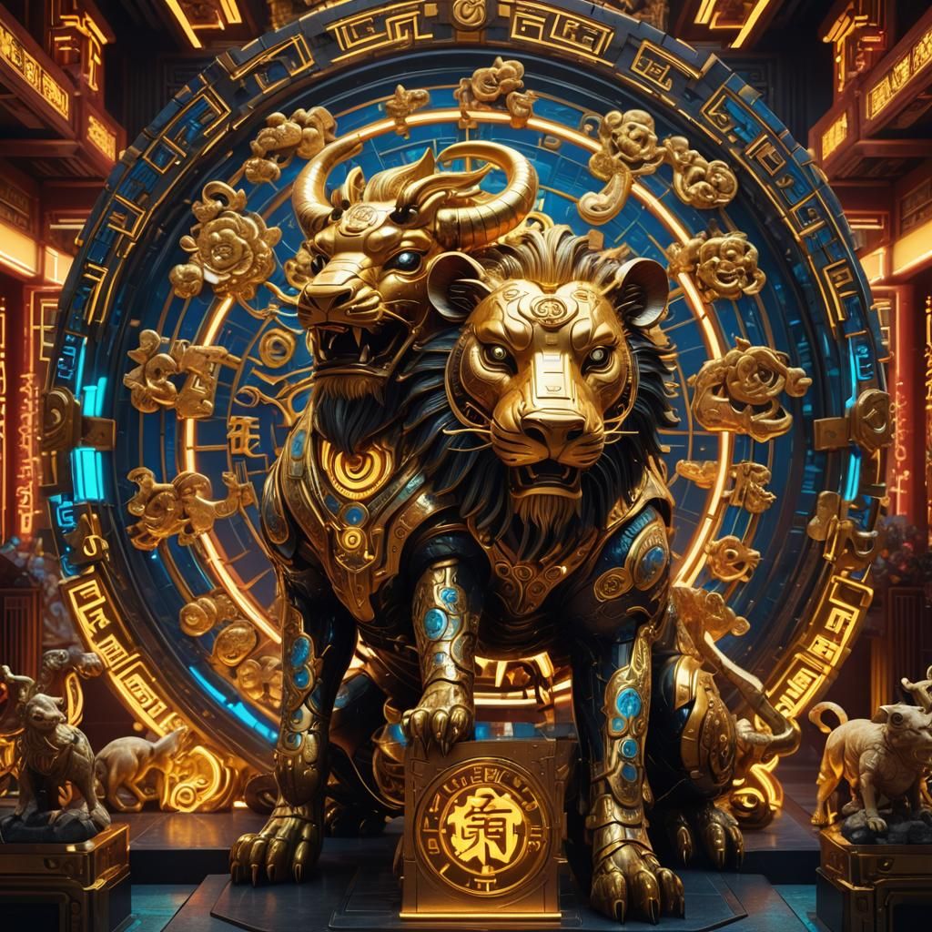 Futuristic Neon Chinese Zodiac Display in Sci-Fi Temple