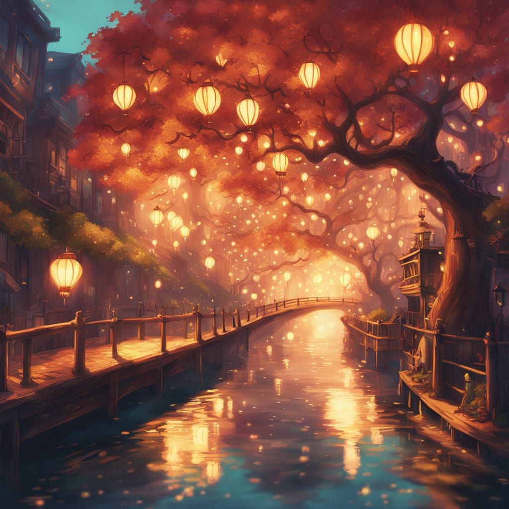 City in Tree Branches with Lanterns, Splash Art