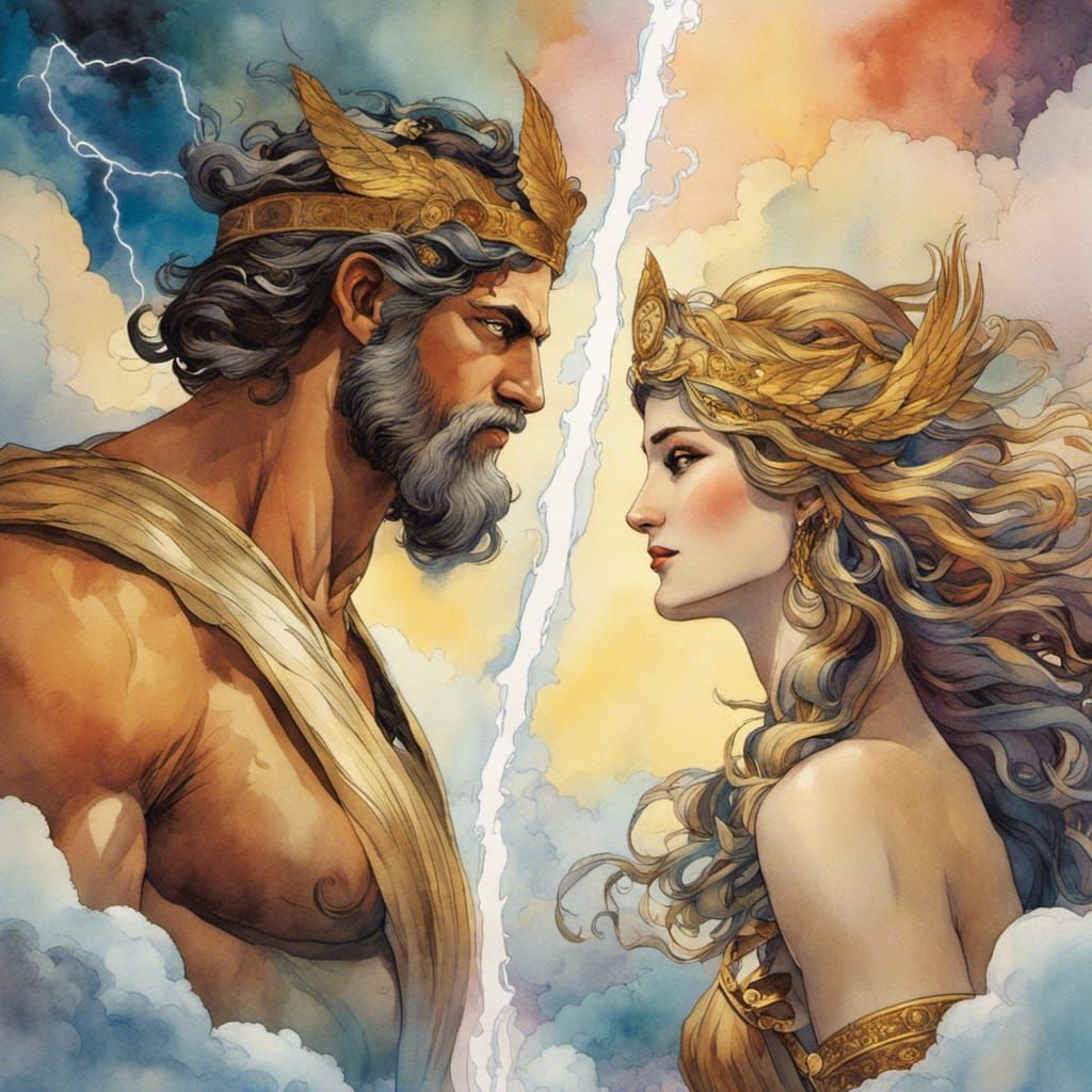 Zeus and Hera: Divine Rulers in Watercolor