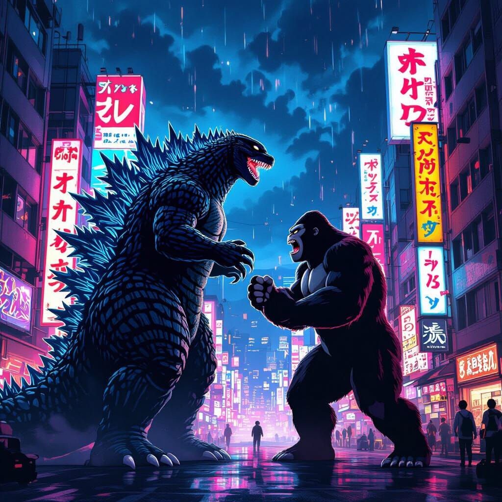 Godzilla and King Kong Fight in Neon Tokyo Anime Style