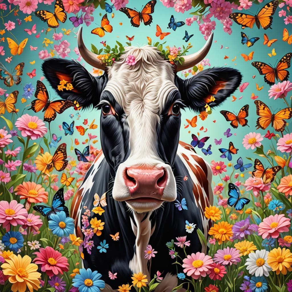 Candy Art Cow with Flowers and Butterflies