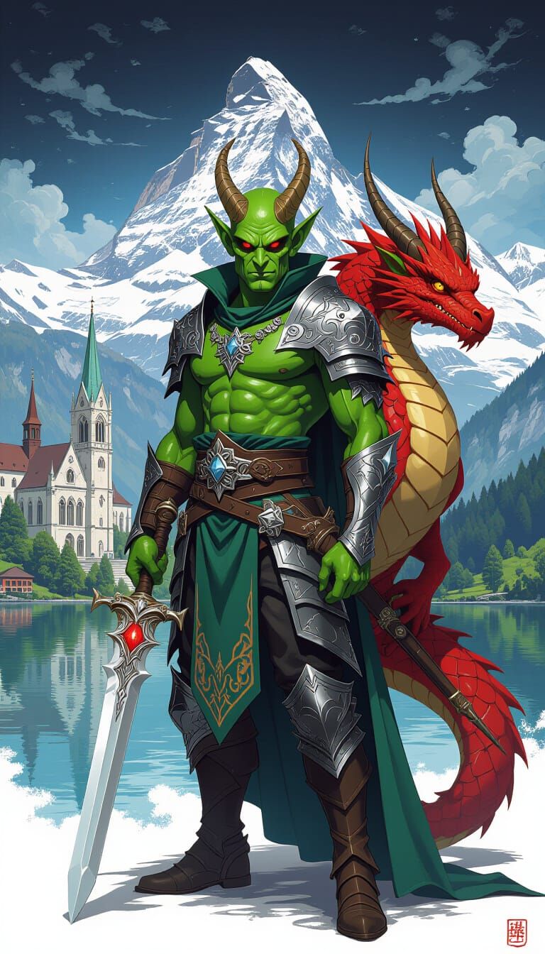 Goblin King and Dragon in Swiss Alps: Eerie Futurism