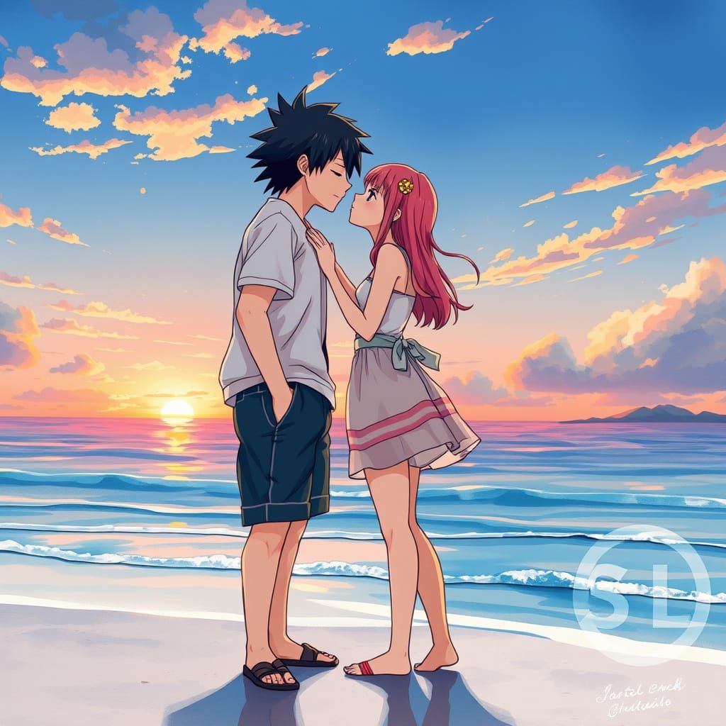 Romantic Anime Couple Kissing on Beach at Sunset
