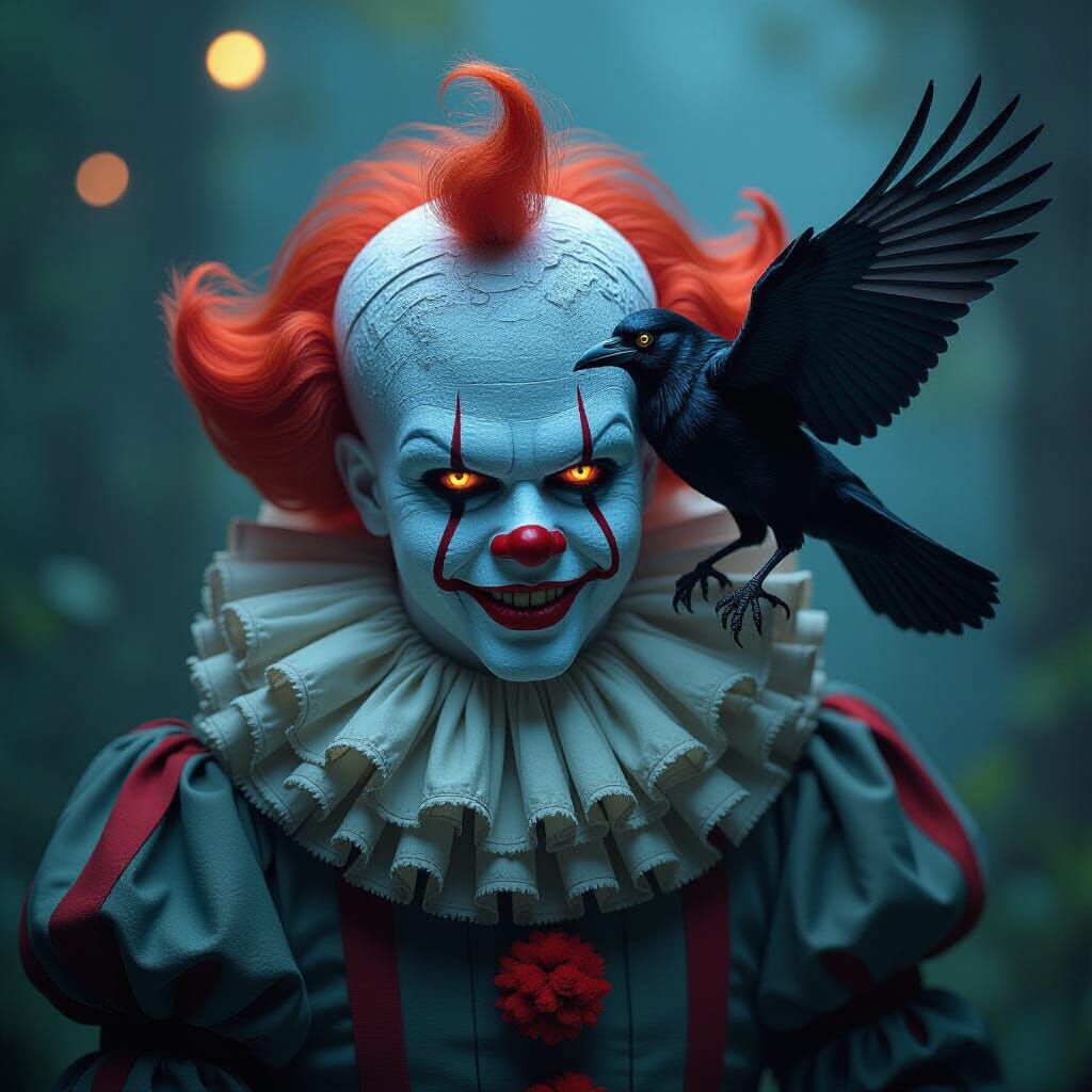 Clown Transforms into Digital Raven in Oil Painting