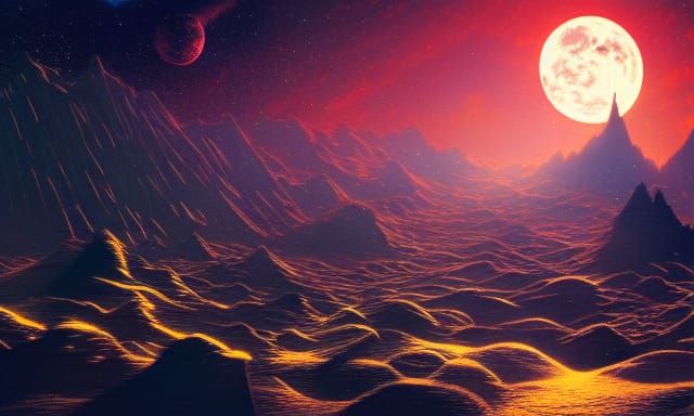 Psychedelic Moon and Majestic Mountain Space Scene