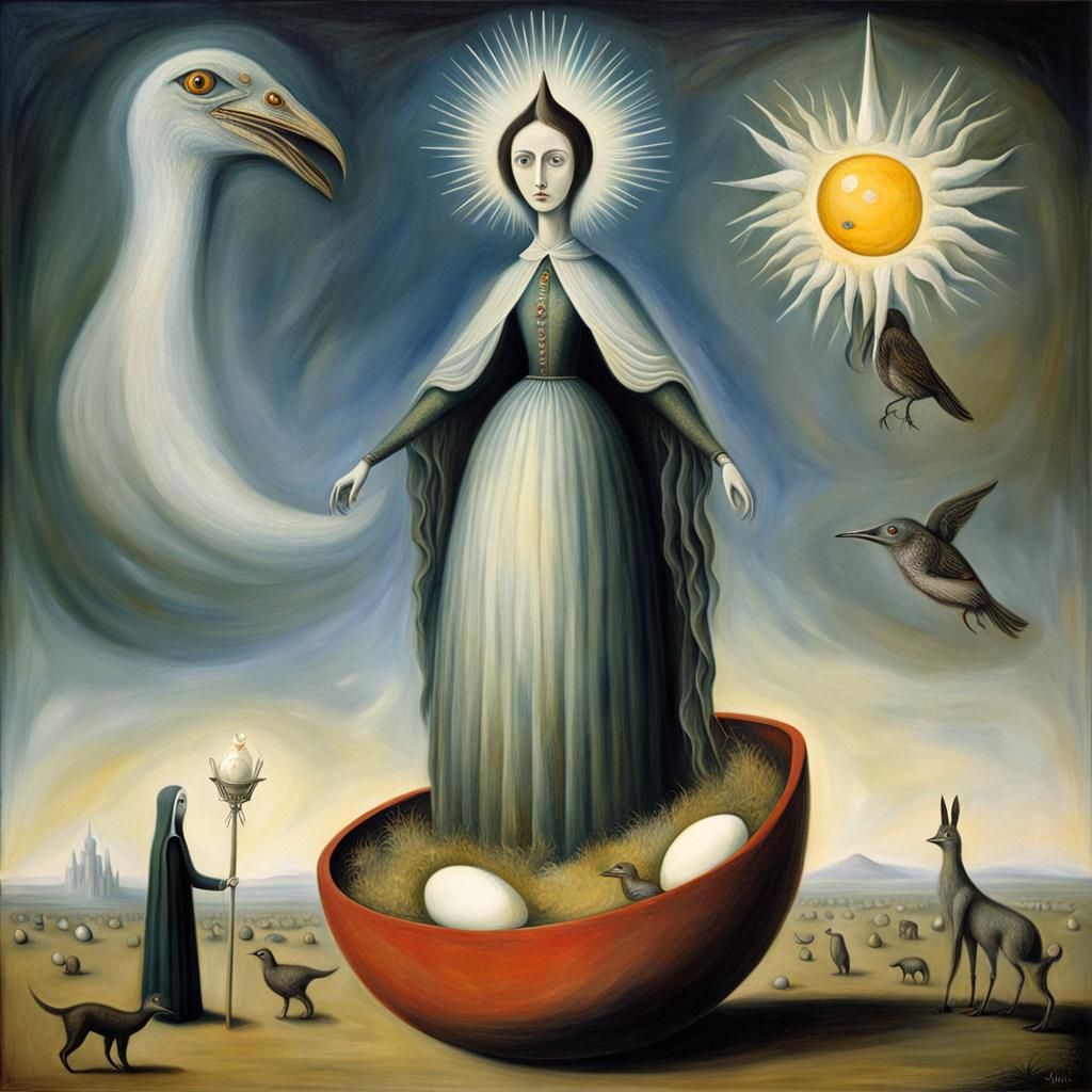 Surreal Giantess Guarding Egg: Oil Painting